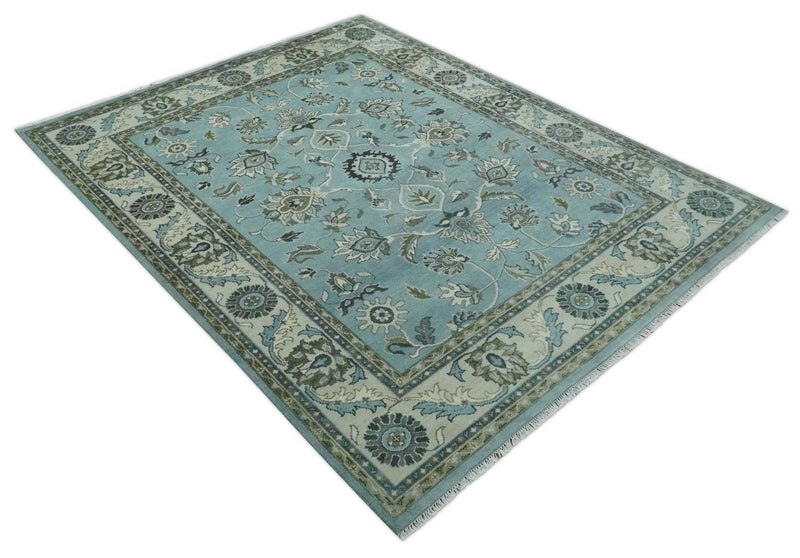 8x10 Premium Blue, Ivory and Green Traditional Floral Hand knotted wool Area Rug