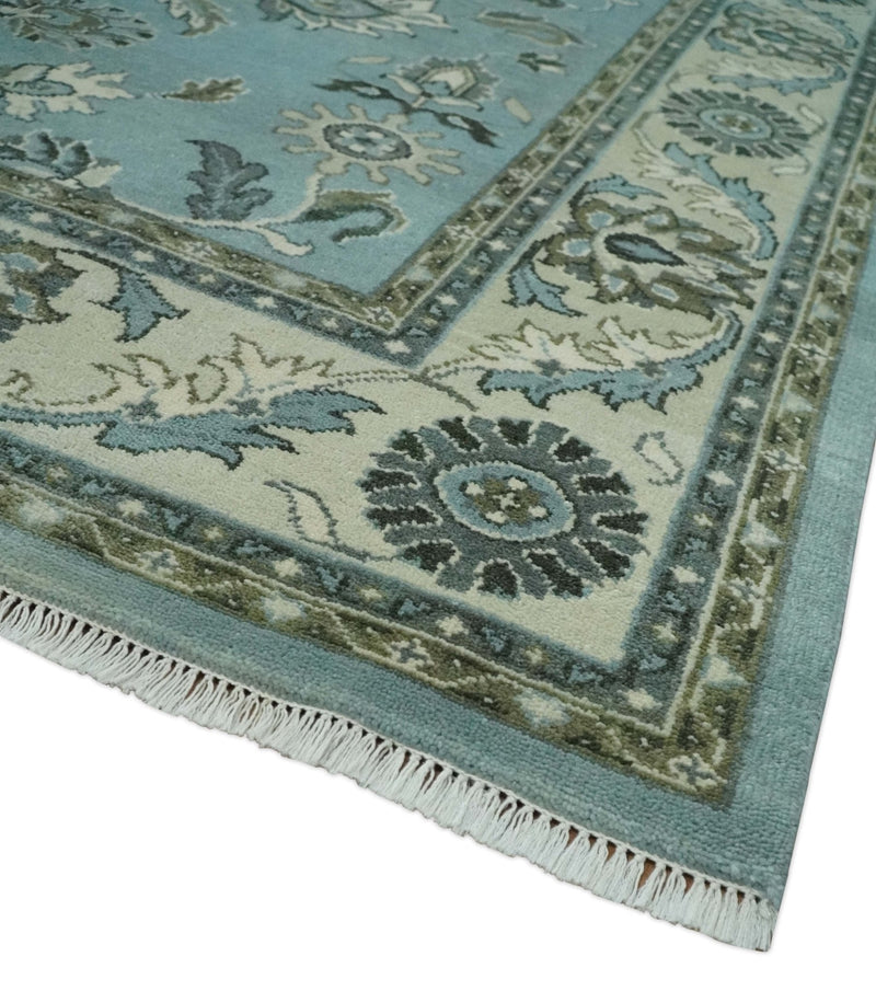 8x10 Premium Blue, Ivory and Green Traditional Floral Hand knotted wool Area Rug