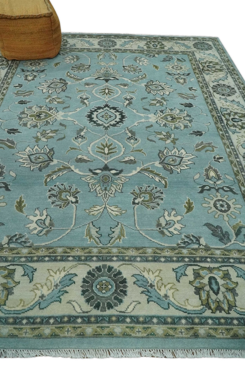 8x10 Premium Blue, Ivory and Green Traditional Floral Hand knotted wool Area Rug