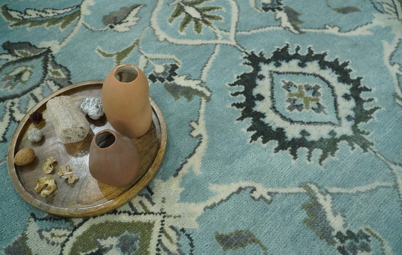 8x10 Premium Blue, Ivory and Green Traditional Floral Hand knotted wool Area Rug