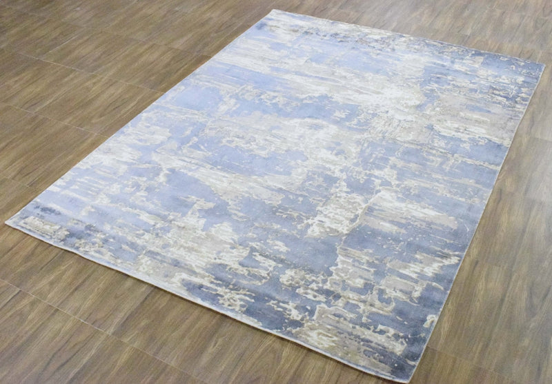 8x10 Rug, Blue and Brown Rug, Modern Abstract Hand loom Printed Viscose Area Rug