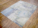 Modern Blue And Ivory Abstract Bamboo Silk Hand Knotted Area Rug 8x10 Shimmering