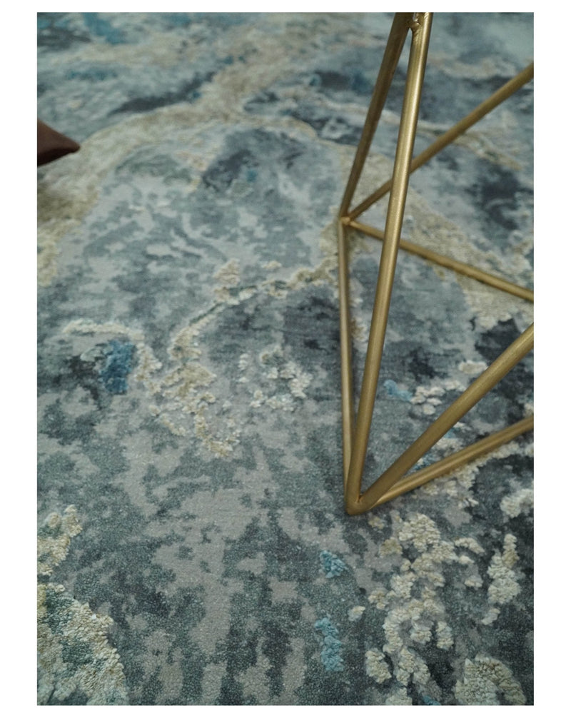 8x10 Rug | One of a Kind Blue and Silver Bamboo Silk Hand Made Modern Abstract Area Rug | SK29