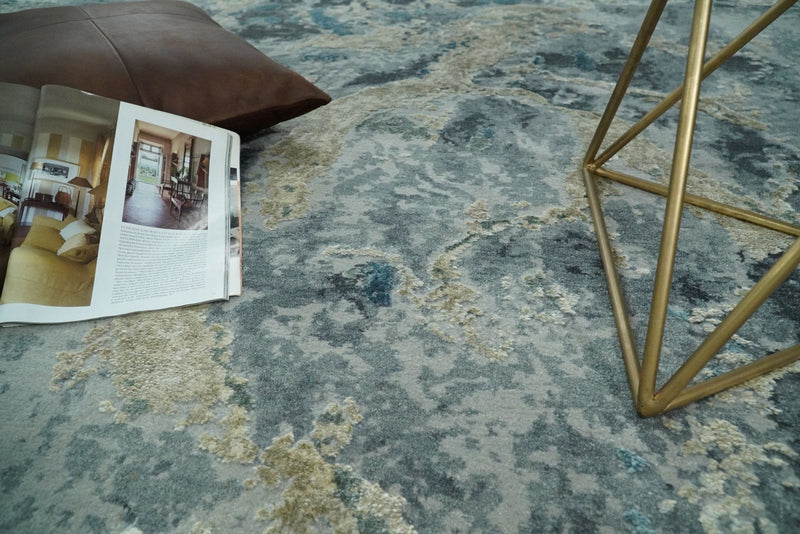 8x10 Rug | One of a Kind Blue and Silver Bamboo Silk Hand Made Modern Abstract Area Rug | SK29