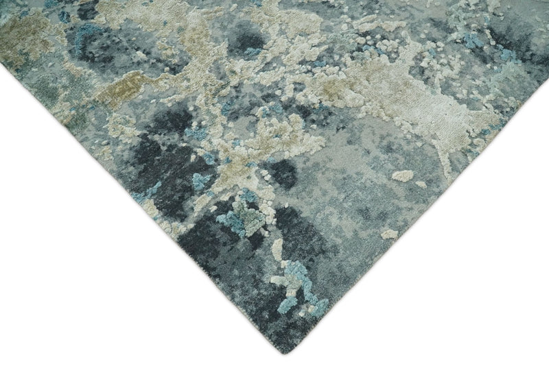 8x10 Rug | One of a Kind Blue and Silver Bamboo Silk Hand Made Modern Abstract Area Rug | SK29