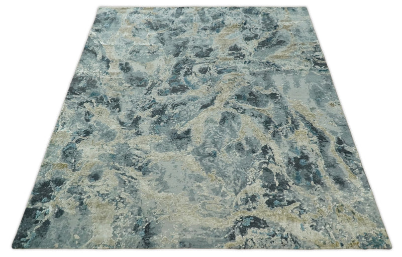 8x10 Rug | One of a Kind Blue and Silver Bamboo Silk Hand Made Modern Abstract Area Rug | SK29