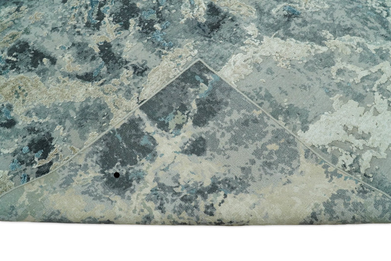 8x10 Rug | One of a Kind Blue and Silver Bamboo Silk Hand Made Modern Abstract Area Rug | SK29