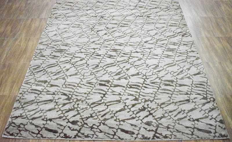 8x10 Rug, White and Brown Rug, Modern and Abstract Rug, Hand-loom Printed Viscose Area Rug | TRD020QT810