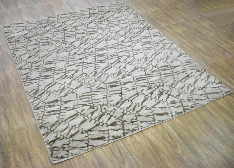 8x10 Rug, White and Brown Rug, Modern and Abstract Rug, Hand-loom Printed Viscose Area Rug | TRD020QT810