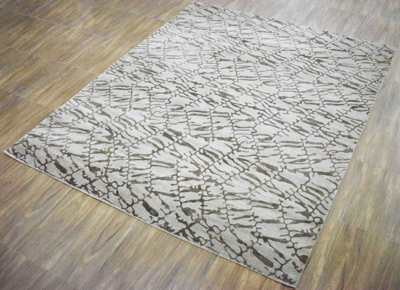 8x10 Rug, White and Brown Rug, Modern and Abstract Rug, Hand-loom Printed Viscose Area Rug | TRD020QT810
