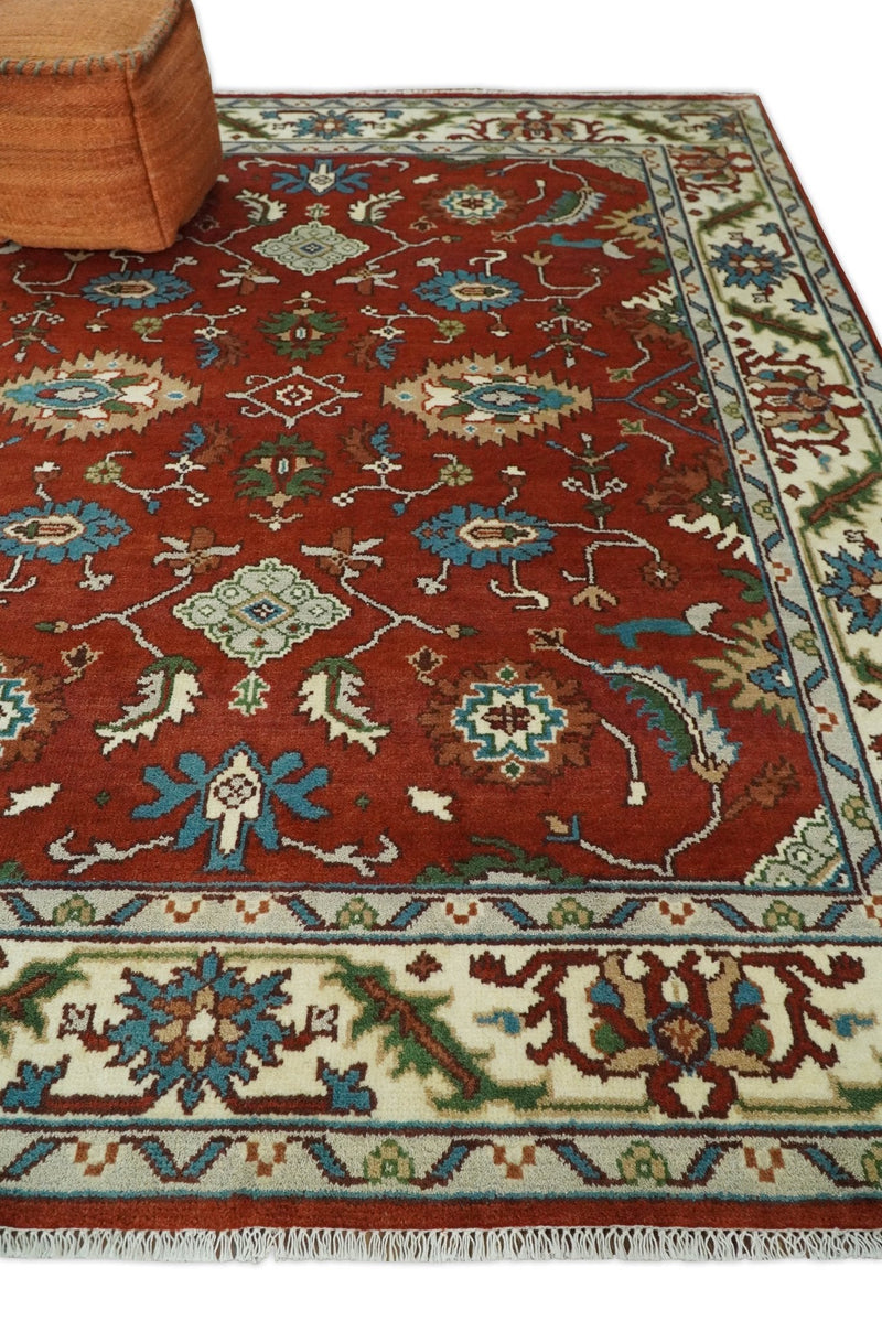 8x10 Brown, Ivory and Teal Hand Knotted Traditional Antique Turkish Wool Rug | TRDCP387810