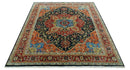 8x10 Rust and Blue Fine Hand Knotted Traditional Heriz Medallion wool area rug