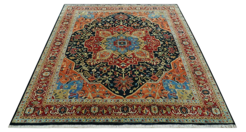 8x10 Rust and Blue Fine Hand Knotted Traditional Heriz Medallion wool area rug