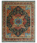 8x10 Rust and Blue Fine Hand Knotted Traditional Heriz Medallion wool area rug