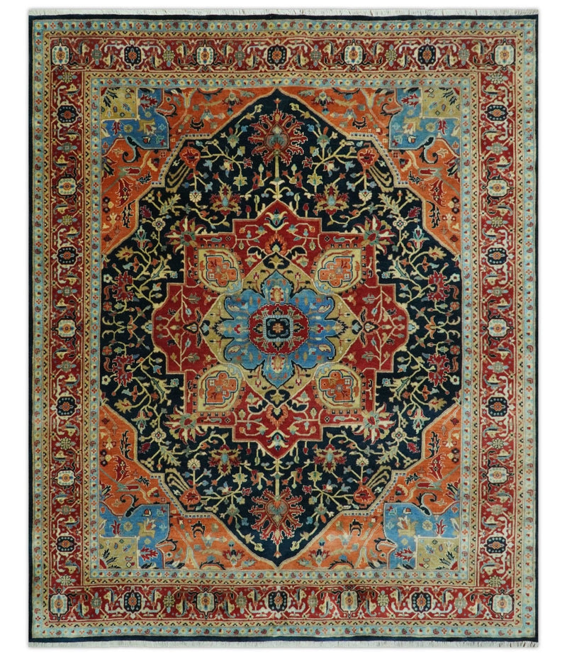 8x10 Rust and Blue Fine Hand Knotted Traditional Heriz Medallion wool area rug