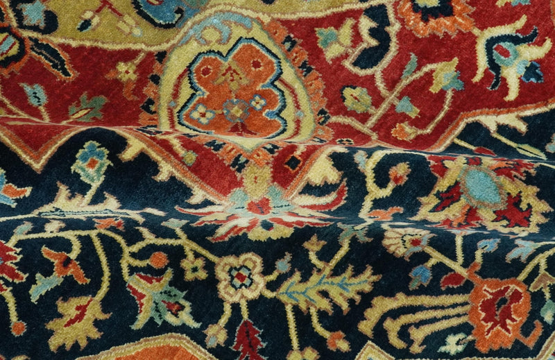 8x10 Rust and Blue Fine Hand Knotted Traditional Heriz Medallion wool area rug