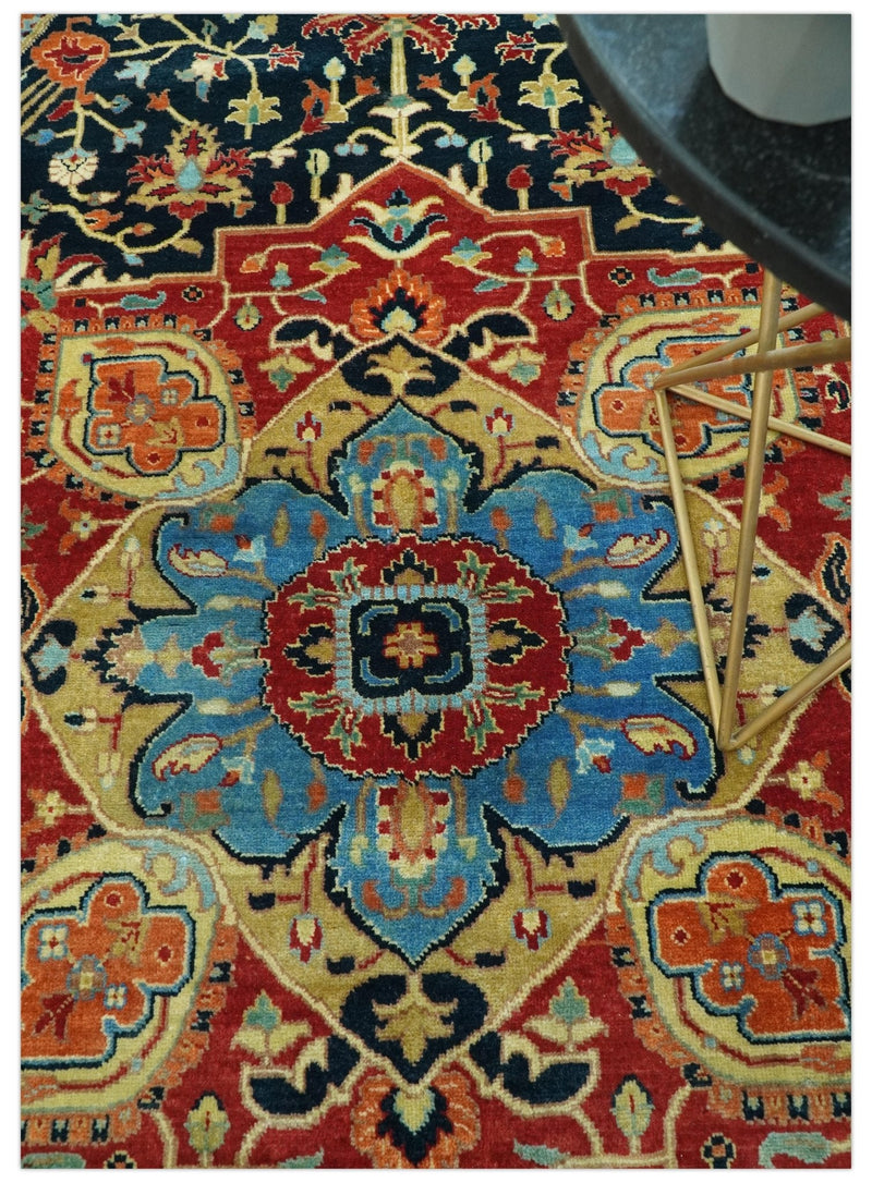 8x10 Rust and Blue Fine Hand Knotted Traditional Heriz Medallion wool area rug