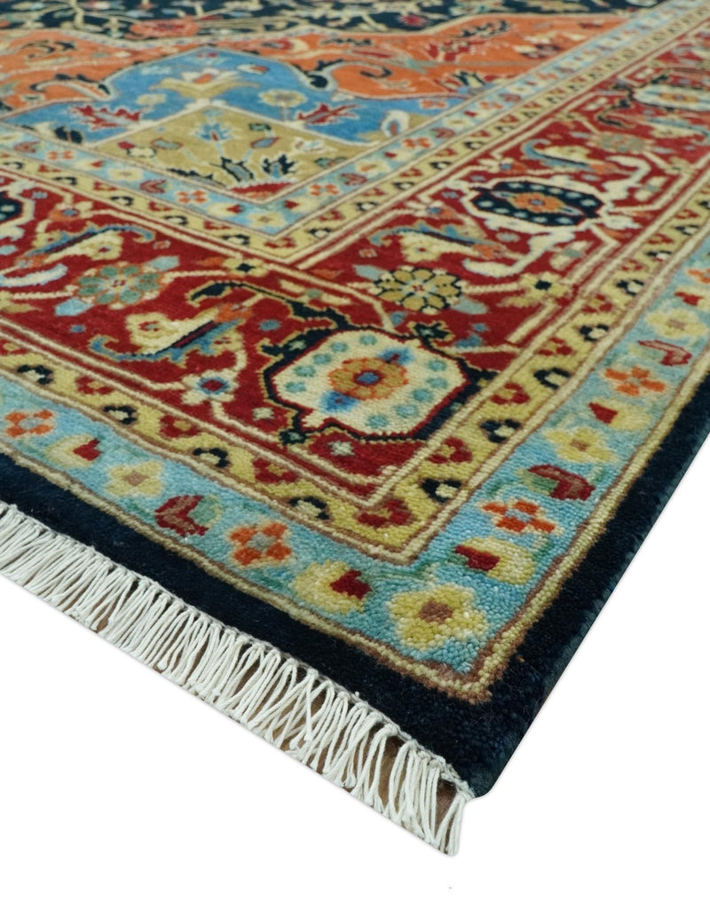 8x10 Rust and Blue Fine Hand Knotted Traditional Heriz Medallion wool area rug