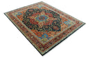 8x10 Rust and Blue Fine Hand Knotted Traditional Heriz Medallion wool area rug