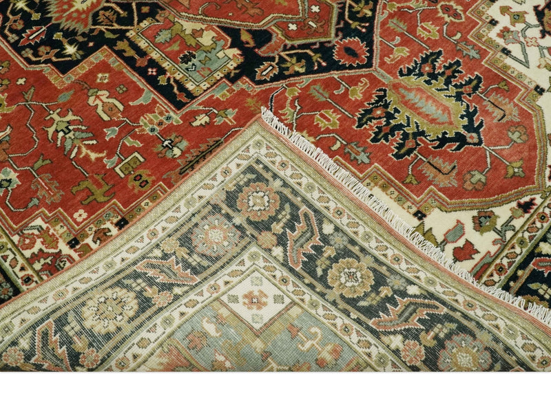 8x10 Rust and Blue Fine Hand Knotted Traditional Heriz Medallion wool area rug
