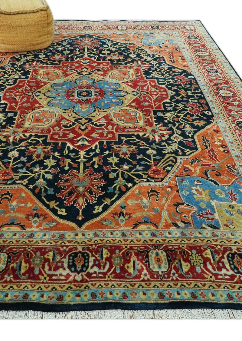 8x10 Rust and Blue Fine Hand Knotted Traditional Heriz Medallion wool area rug