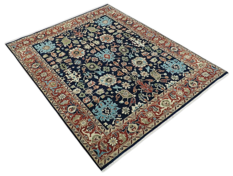 8x10 Rust and Blue Hand Knotted Traditional Antique Turkish Vintage Wool Rug | TRDCP540810