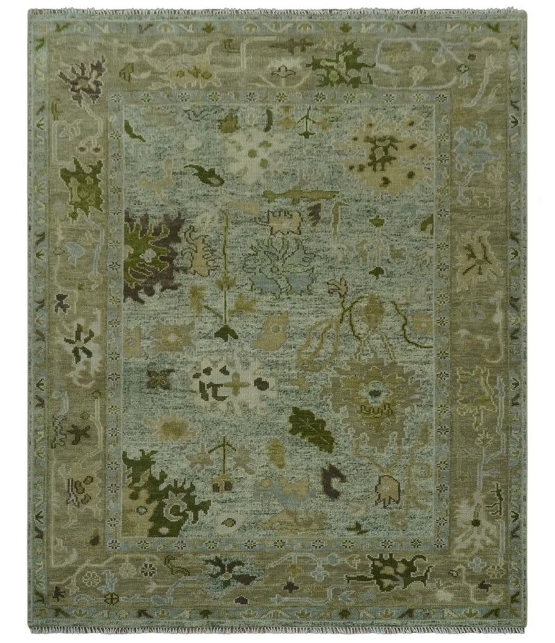 8x10 Silver and Green Hand Knotted Traditional Oushak wool area rug
