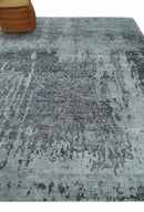 8x10 Silver, Ivory and Charcoal Modern Abstract Handmade Bamboo Silk Area Rug by The Rug Decor