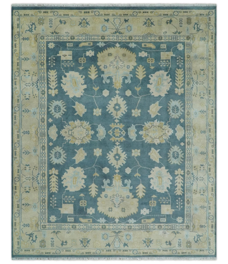 8x10 Teal and Beige Hand Knotted Heriz Serapi Floral Area Rug | TRDCP1185810