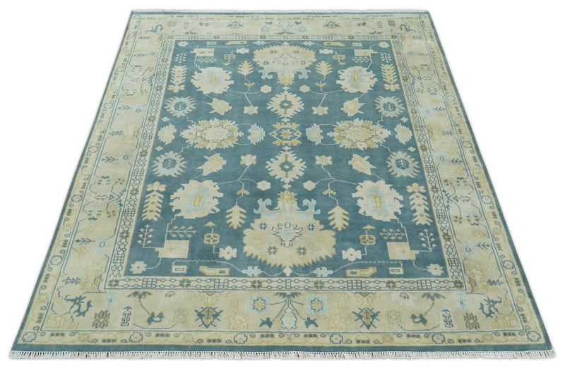 8x10 Teal and Beige Hand Knotted Heriz Serapi Floral Area Rug | TRDCP1185810