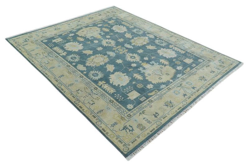 8x10 Teal and Beige Hand Knotted Heriz Serapi Floral Area Rug | TRDCP1185810