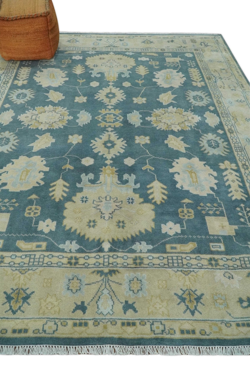 8x10 Teal and Beige Hand Knotted Heriz Serapi Floral Area Rug | TRDCP1185810