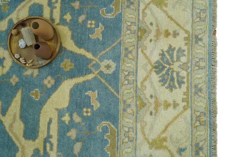 8x10 Teal, Olive and Beige Hand Knotted Traditional Oriental Oushak wool area rug