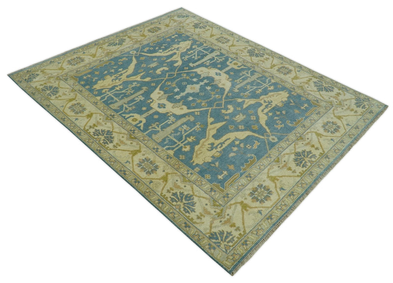 8x10 Teal, Olive and Beige Hand Knotted Traditional Oriental Oushak wool area rug