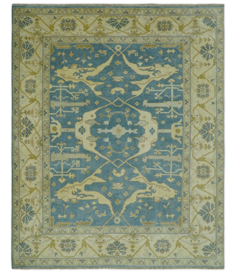 8x10 Teal, Olive and Beige Hand Knotted Traditional Oriental Oushak wool area rug