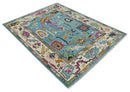 8x10 Traditional Blue and Ivory Vibrant colorful Hand knotted oushak wool area rug by The Rug Decor