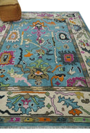 8x10 Traditional Blue and Ivory Vibrant colorful Hand knotted oushak wool area rug by The Rug Decor