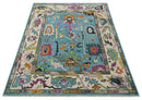 8x10 Traditional Blue and Ivory Vibrant colorful Hand knotted oushak wool area rug by The Rug Decor