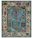 8x10 Traditional Blue and Ivory Vibrant colorful Hand knotted oushak wool area rug by The Rug Decor