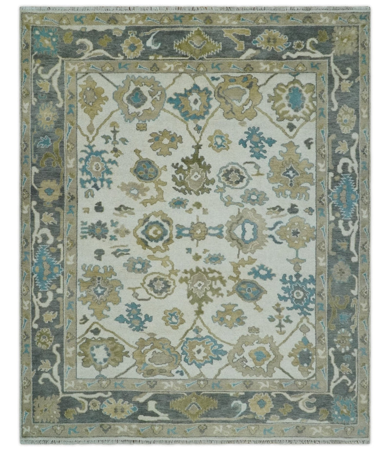 8x10 Traditional Ivory and Charcoal Hand knotted Oushak Wool Area Rug