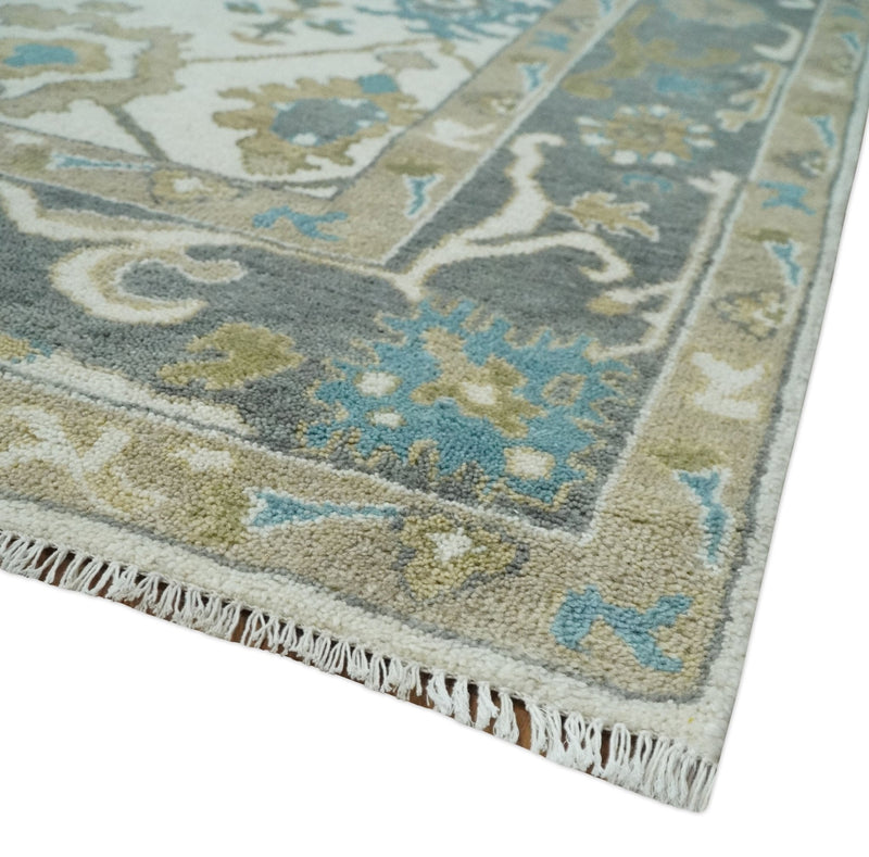8x10 Traditional Ivory and Charcoal Hand knotted Oushak Wool Area Rug
