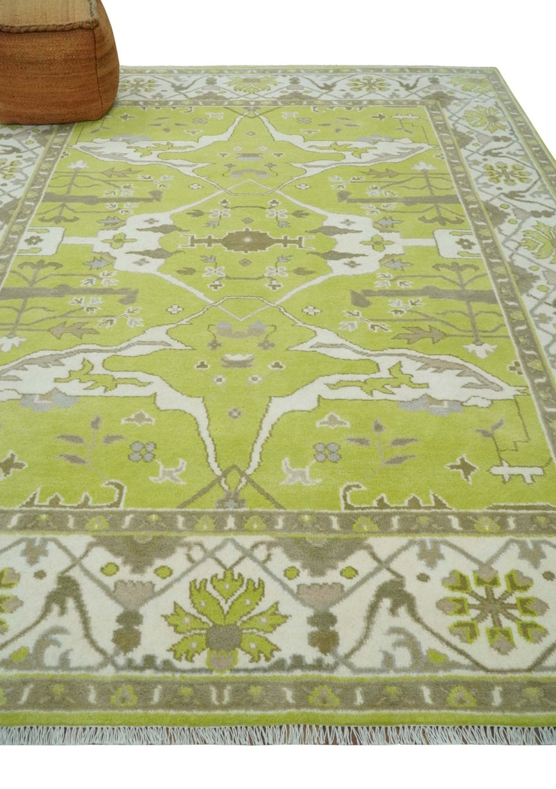 8x10 Traditional Light Green, Ivory and Charcoal Antique Style Hand knotted Wool Area Rug