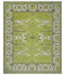 8x10 Traditional Light Green, Ivory and Charcoal Antique Style Hand knotted Wool Area Rug