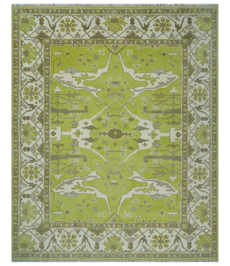 8x10 Traditional Light Green, Ivory and Charcoal Antique Style Hand knotted Wool Area Rug