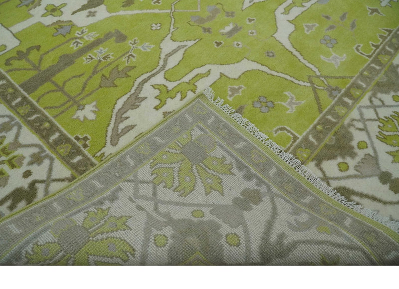 8x10 Traditional Light Green, Ivory and Charcoal Antique Style Hand knotted Wool Area Rug