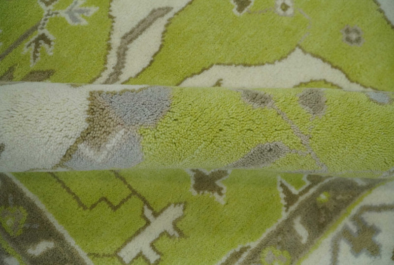 8x10 Traditional Light Green, Ivory and Charcoal Antique Style Hand knotted Wool Area Rug