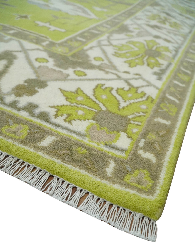 8x10 Traditional Light Green, Ivory and Charcoal Antique Style Hand knotted Wool Area Rug