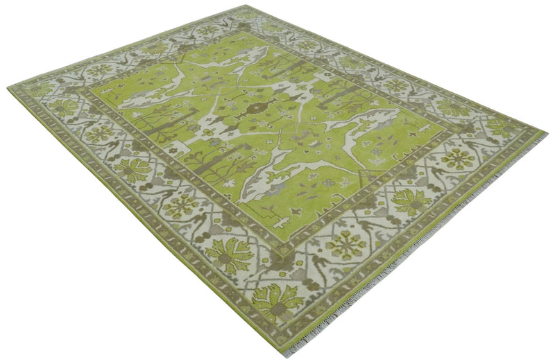8x10 Traditional Light Green, Ivory and Charcoal Antique Style Hand knotted Wool Area Rug