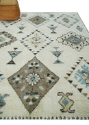 8x10 Tribal Design Ivory, Brown and Blue Traditional Hand Knotted Wool Area Rug by The Rug Decor