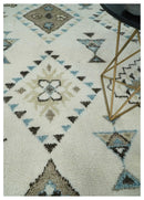 8x10 Tribal Design Ivory, Brown and Blue Traditional Hand Knotted Wool Area Rug by The Rug Decor
